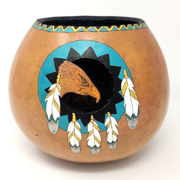 Vtg Painted Carved Gourd Bowl Art Signed Howe 2001 Eagle Feathers Southwest West